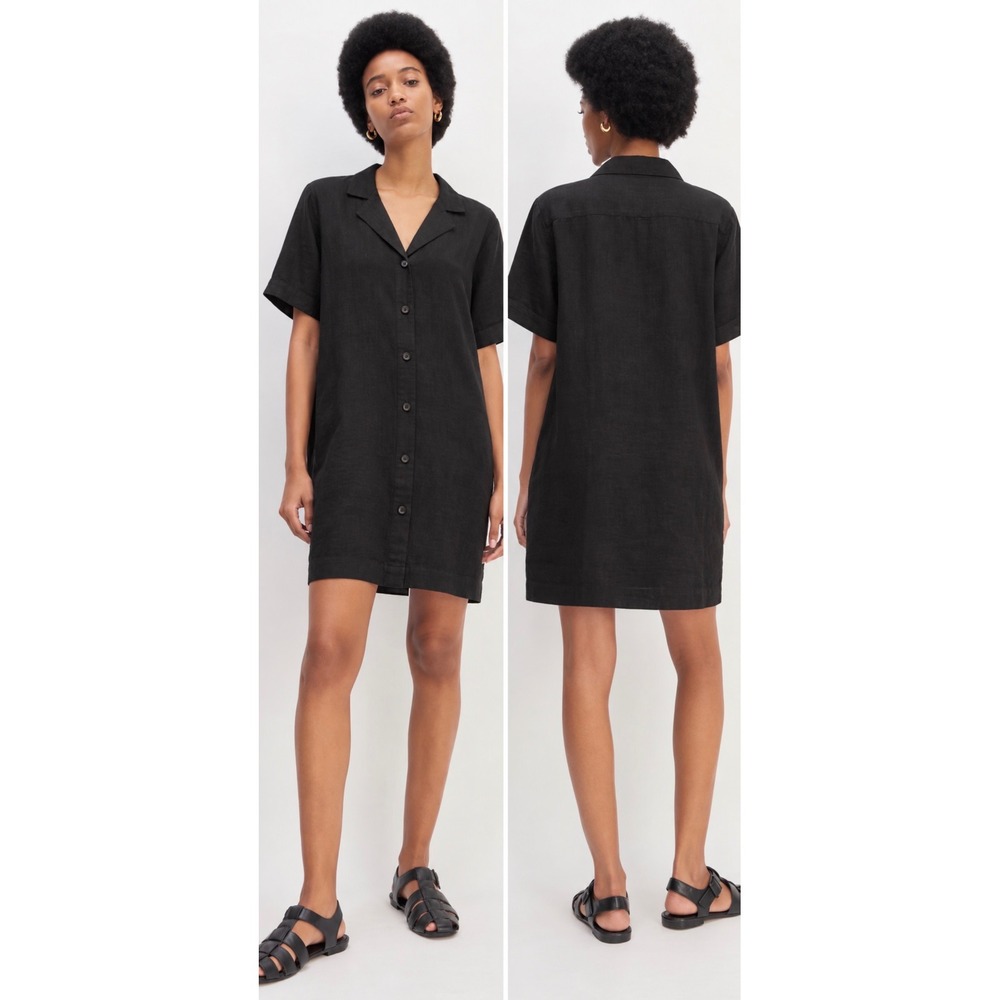 Everlane linen button front shirt dress black large short sleeves minimalist